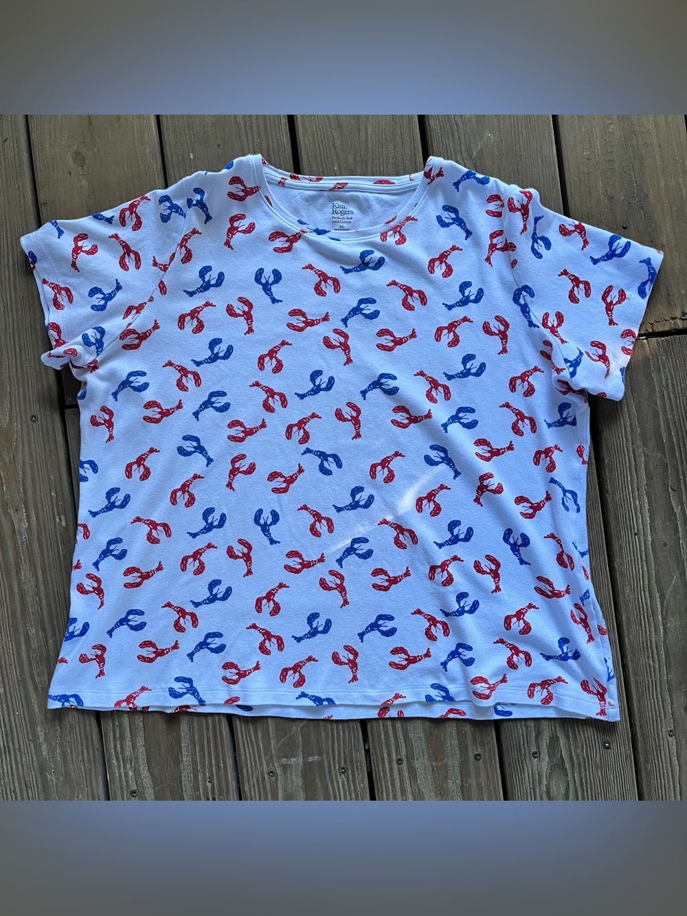 XL Kim Rogers Perfectly Soft 100% Cotton lobster print tee. Red, white & blue.